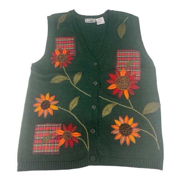 Capacity Sweaters - Vtg Capacity L Green Button Knit Sweater Vest Appliqué Sunflower Fall Autumn